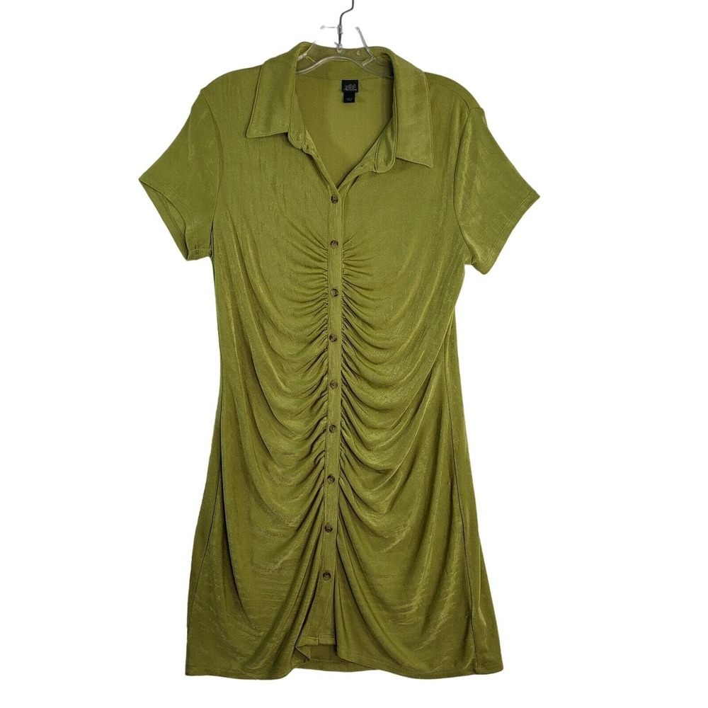Wild Fable Shirt Dress Women L Olive Green Ruched Front Button Down Short Sleeve